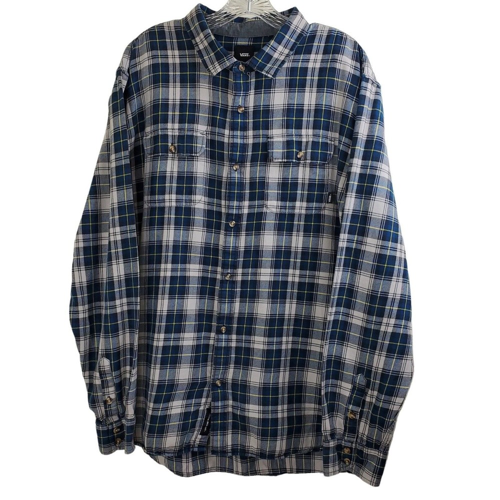 Vans Men’s Off  The Wall Blue Yellow Black Flannel Long Sleeve Button Up Sz XXL